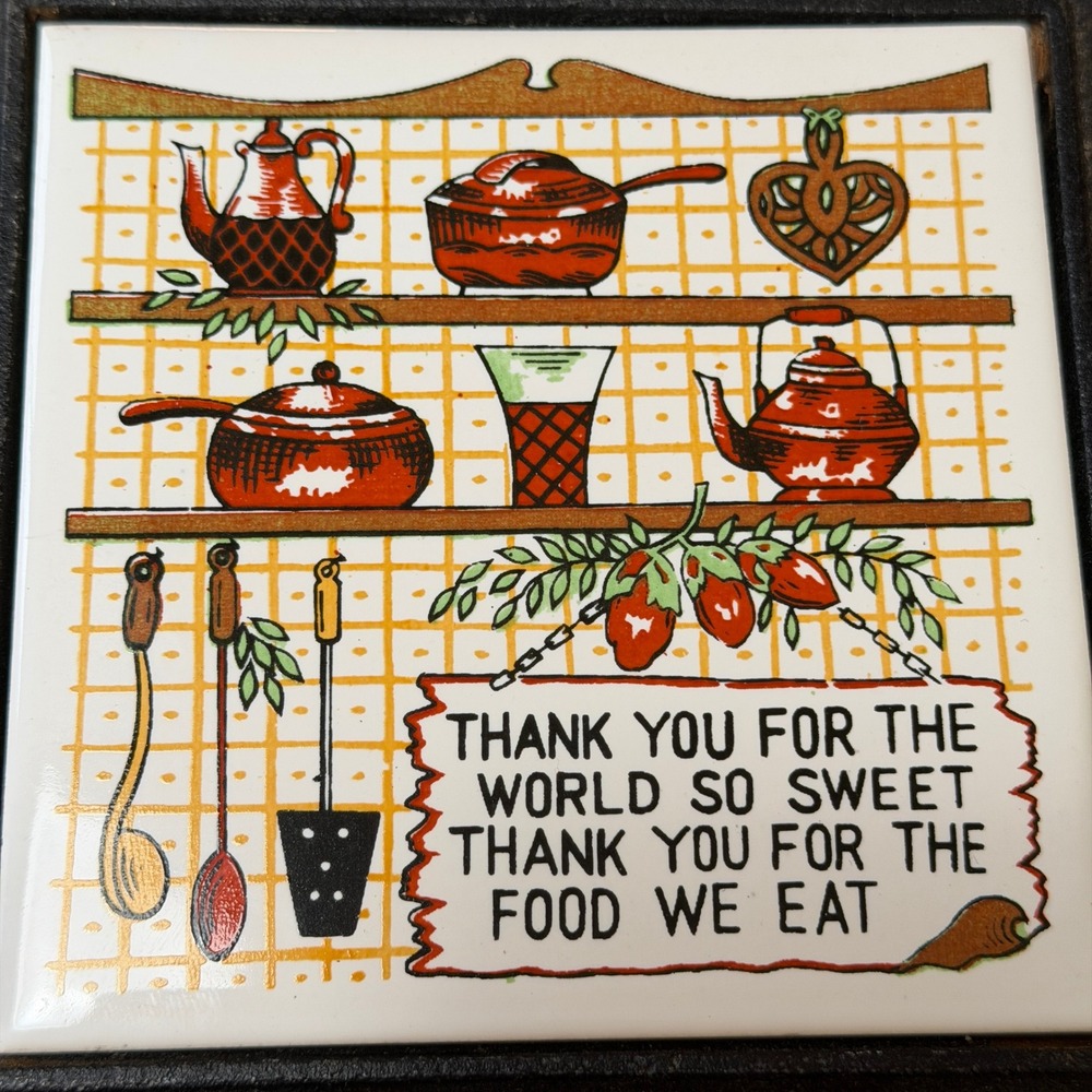 Vintage Cast Iron Ceramic Tile Trivet Japan Kitchen Prayer Blessing Hot Plate - Picture 2 of 5